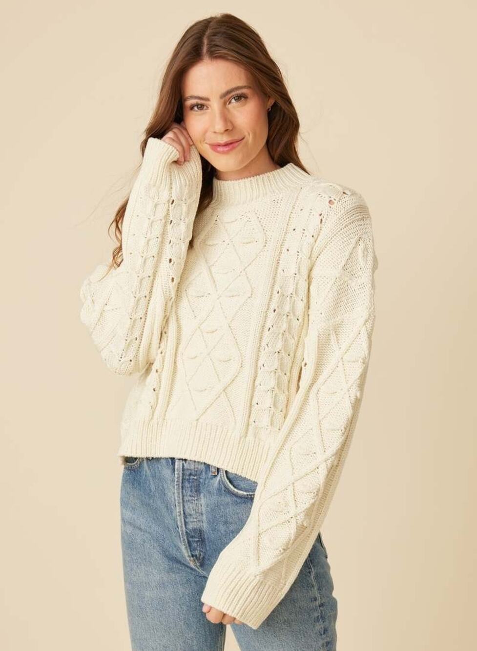 NWT One Grey Day Laurel Cable Pullover Sweater Cream Women's Size XS